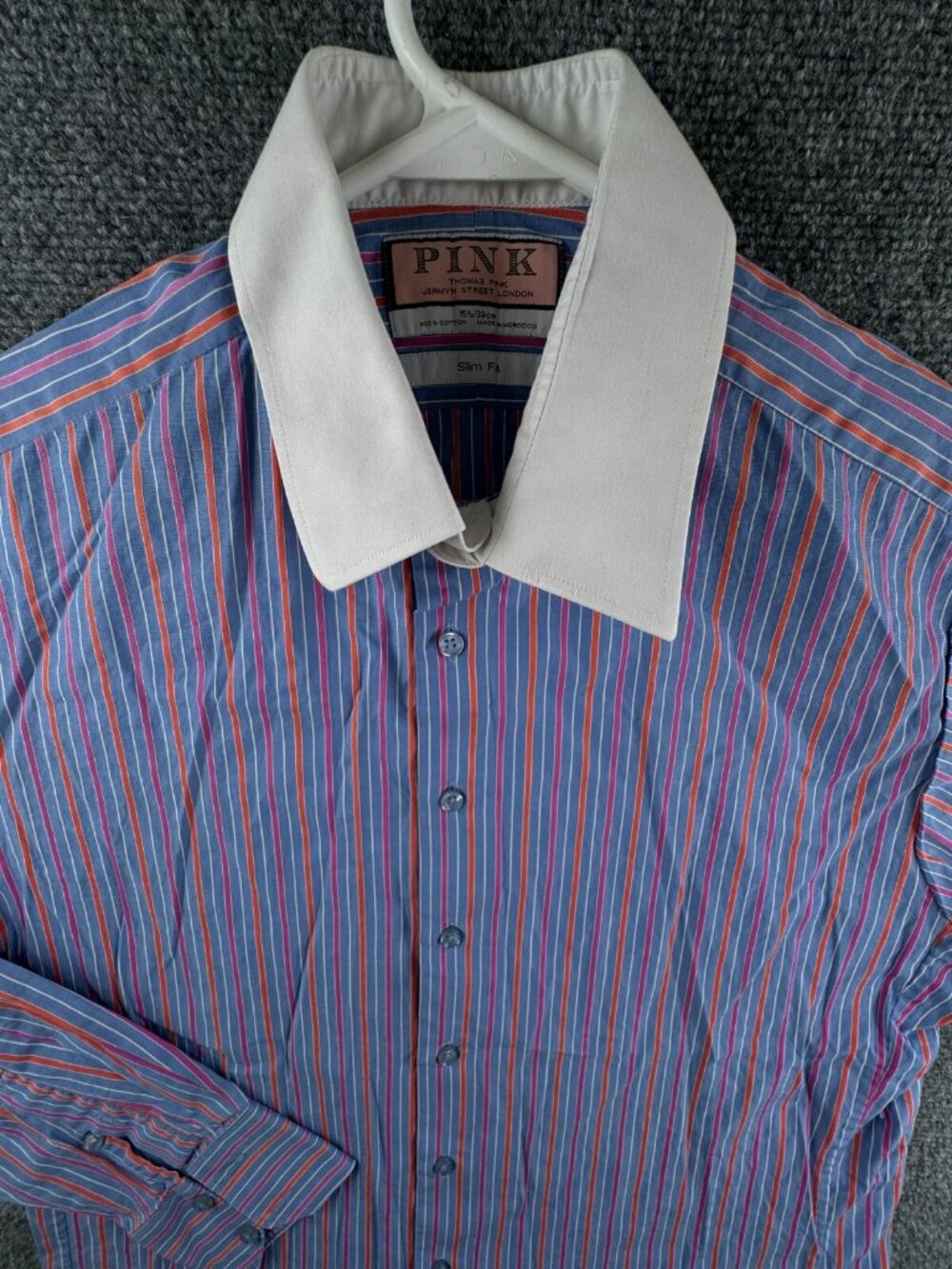 Thomas Pink Men Long Sleeve Button Up Shirt Striped Blue Orange Slim 15.5 Cotton